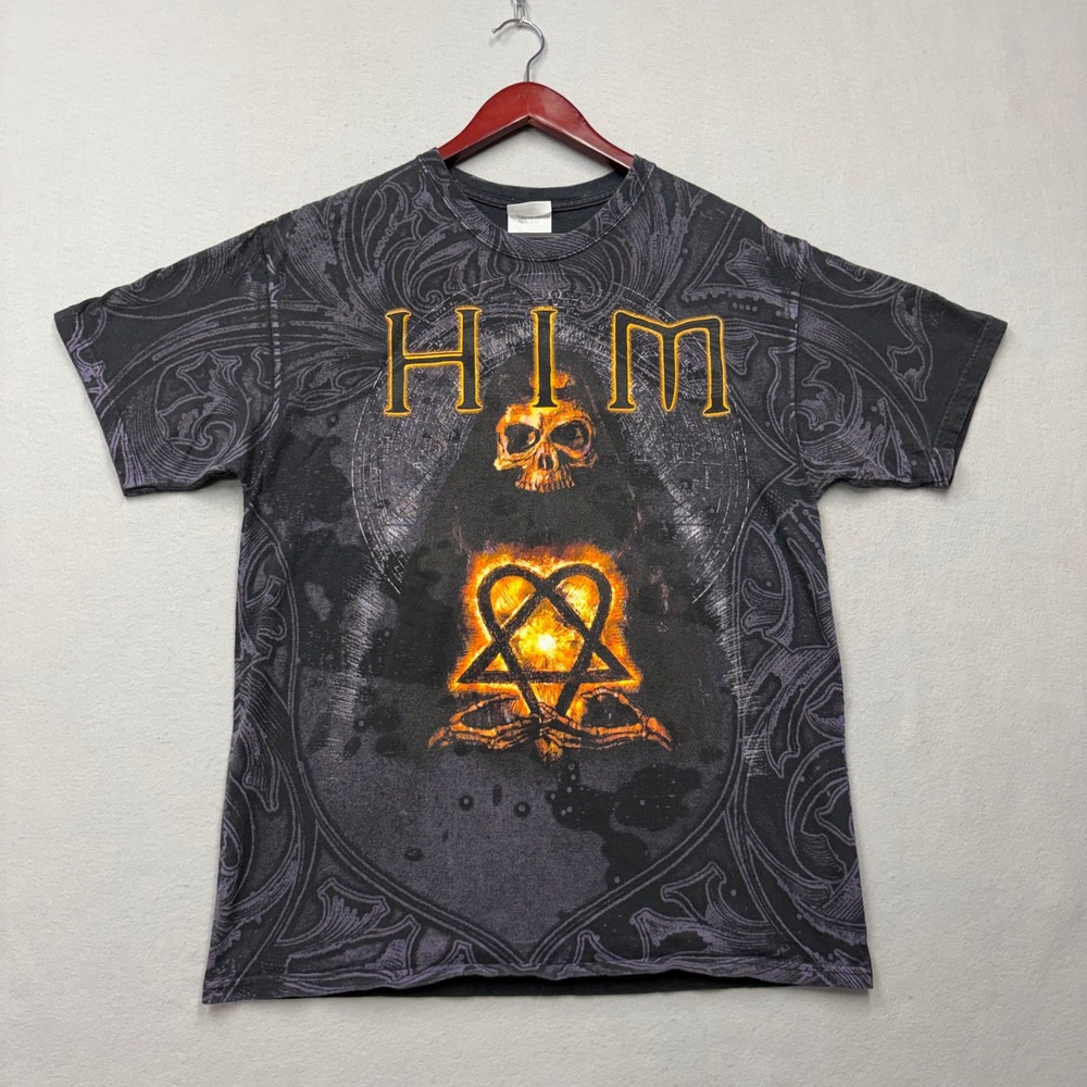 Hanes HIM Band T-Shirt Mens L Black Heartagram Skull All Over Print Vintage